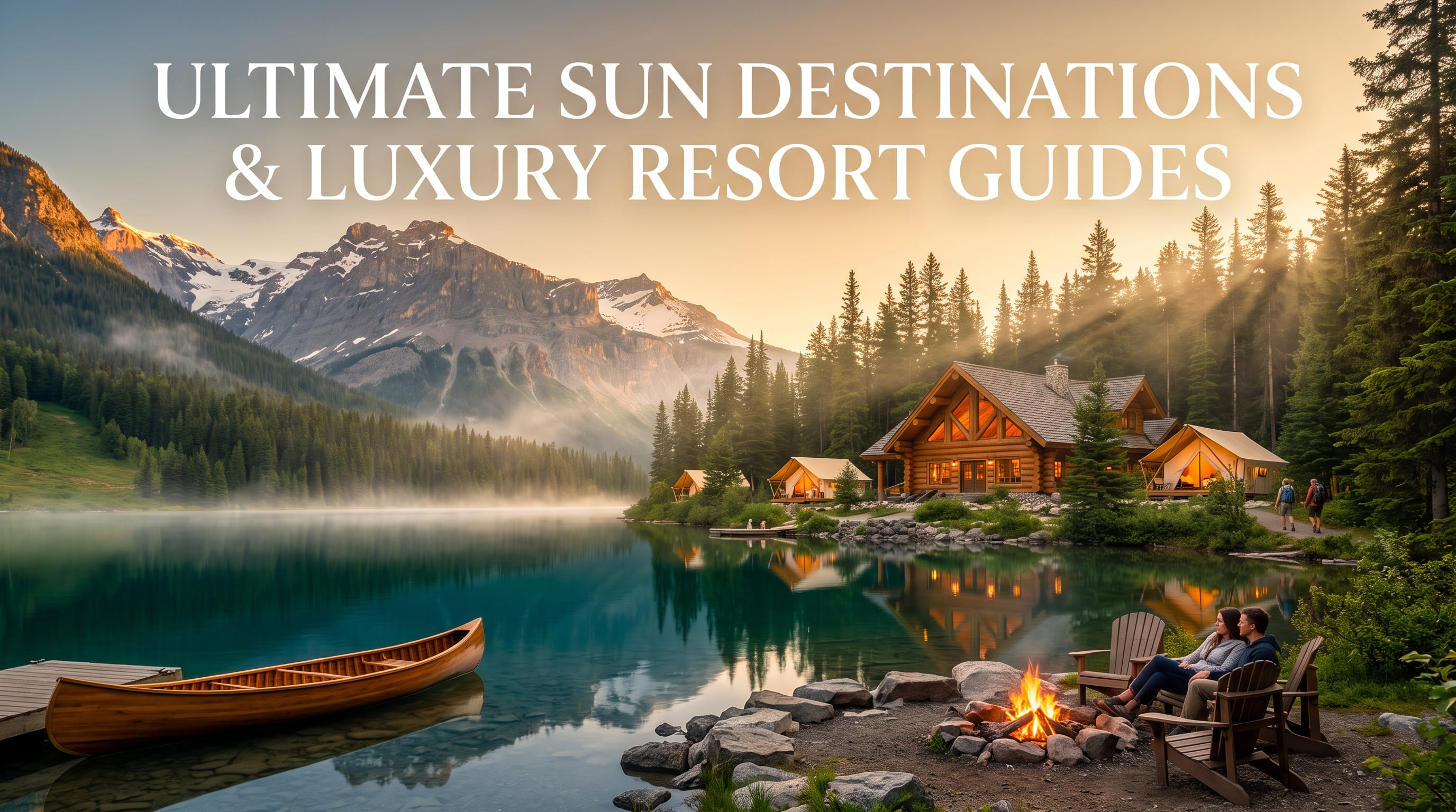 A log lodge and canvas tents on a mountain lake, with a couple seated by a campfire and a canoe at the dock.