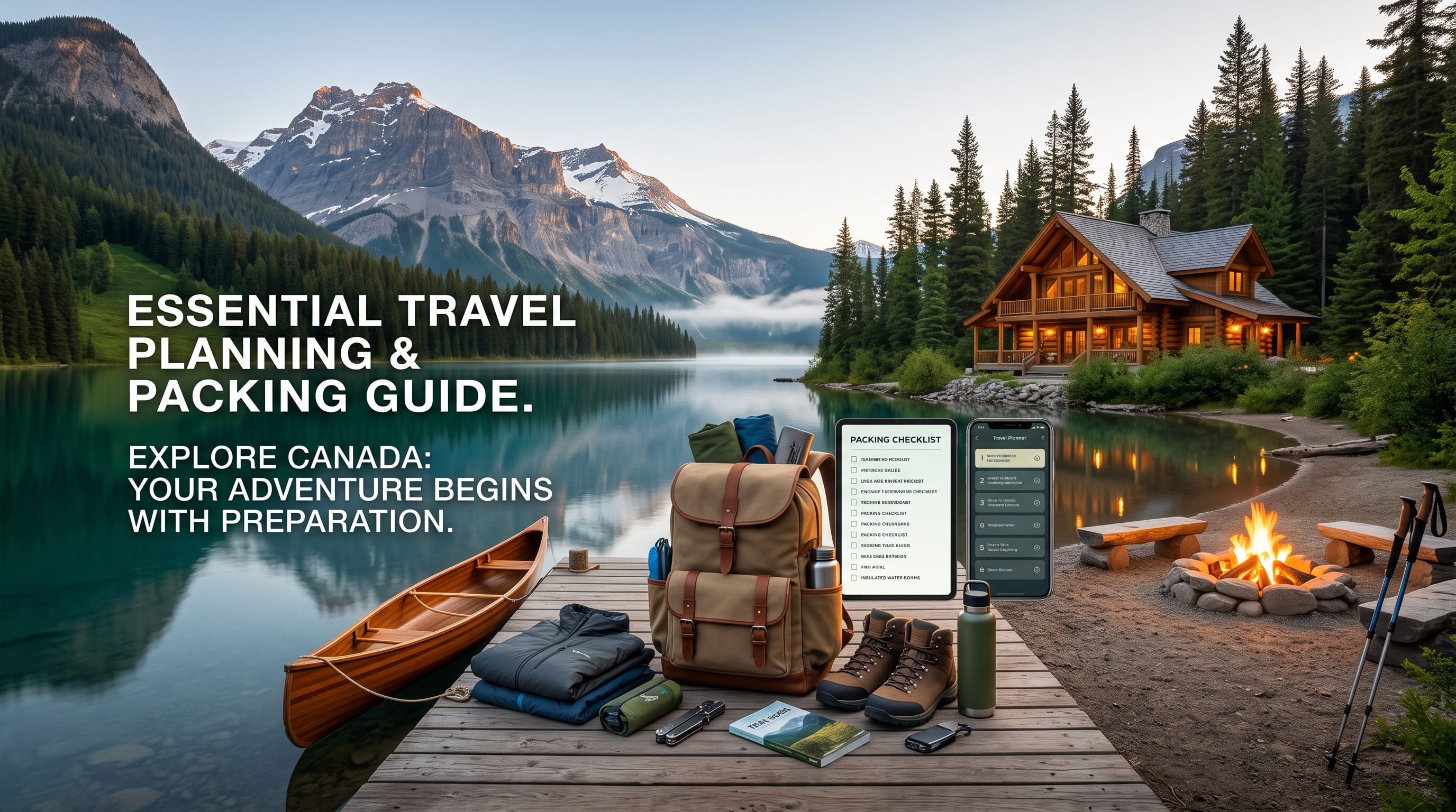 A backpack, folded clothes, boots, and a phone showing a packing checklist on a wooden dock beside a canoe and a lakeside cabin.