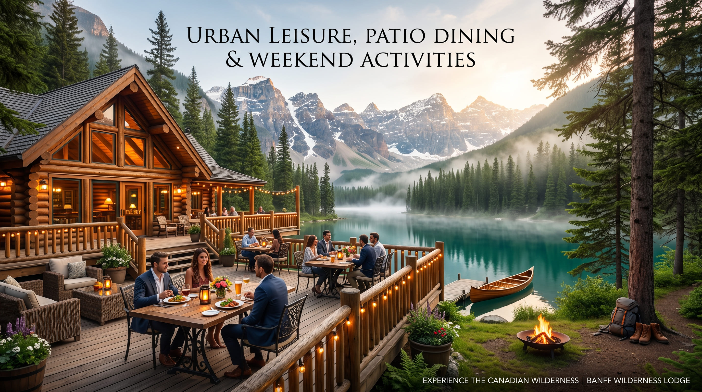 Diners at tables on a wide lodge deck strung with lights, beside a canoe and a campfire on a mountain lake.
